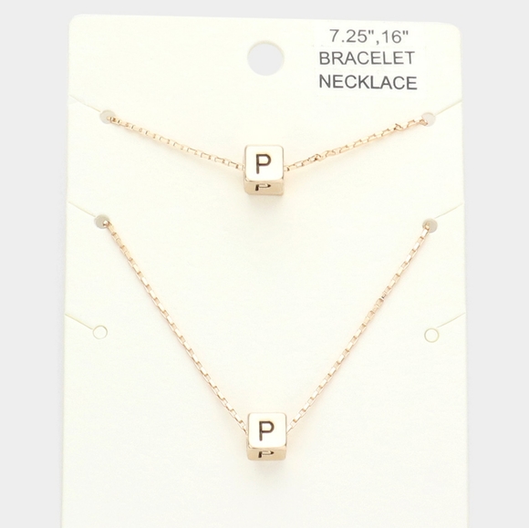 Gold Monogram "P" Cube Pendant Necklace Chain Set Bracelet Boxed Square Initial - Picture 1 of 2